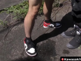 Wild Japanese Yoshi Kawasaki in gay porn outdoor adventure with pissing and deepthroat action.