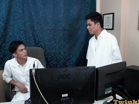 Asian twinks in medical uniforms have rough anal sex in the office