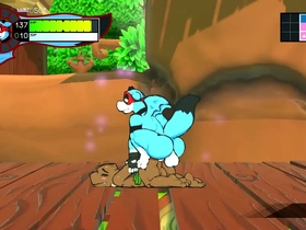 Public beach scene with furry gay couples in a side-scrolling sex game with cumshots