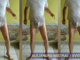 Mature gay man dancing in wet underwear and panties