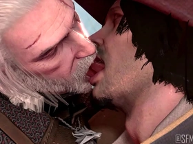 Gay video game characters Geralt and Obbi share a hot kiss with tongues.