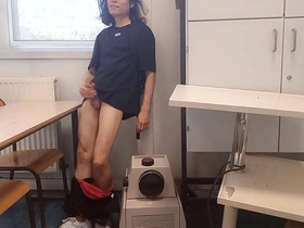 A student with a libido too high for his own good masturbates in the classroom and even squirts on his classmates’ desk. Jon Arteen, a university student, makes a solo gay porn video.