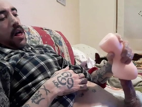 Solo boys sensual experience with fake vagina and big dick
